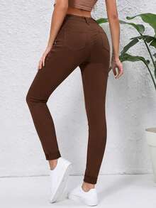 Women's Casual Skinny Denim Jeans - Coffee Brown - View 2