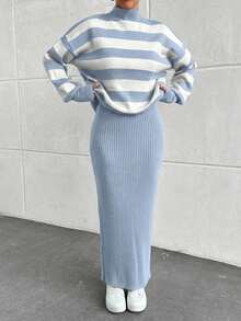 EURMUSE Striped Ribbed Knit Dress & Cardigan Co-Ord Set - Baby Blue - View 6