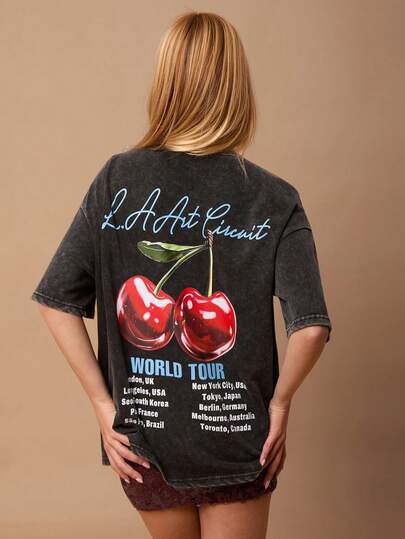 SURIMA Women's Black Knit Snowflake Slogan & Cherry Print Loose Casual Short Sleeve T-Shirt