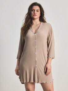 Ocili Áo ngủ cỡ lớn, chất liệu gân, thoải mái, cổ bèo nhún, cài nút. - Màu Khaki - Xem 5