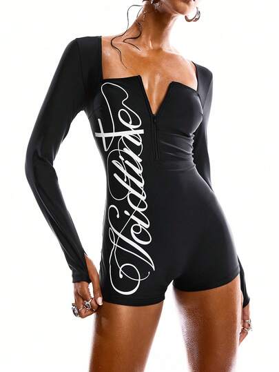 LYSMO Women's Beach Bikinis Summer 2026, Resort Wear Women, Letter Print Fitted One-Piece Swimsuit With Shorts, Suitable For Pool/Beach/ Summer/Vacation Outfits Women/Vacation /Summer Holiday Outfits/Holiday Outfits For Women /Vacation Outfits For Women / Y2k All-In-One Bikinis/2000s Style/Surf Suit