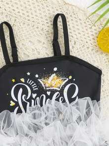 SHEIN Baby Girl Letter & Heart Print Mesh Patchwork Casual Beach Spaghetti Strap Romper Swimsuit - Black and White - View 4