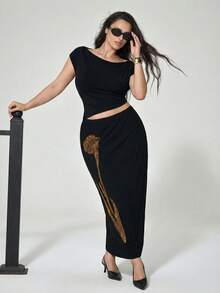 Maija 2026春季新款现代都市罗纹亮片花卉刺绣黑色长裙，大码款式，适合初秋派对穿着。浪漫、时尚、百搭；舒适、优雅、休闲、简约日常穿着，必备单品，适合假日休闲，适合单身女士，优雅时尚商务休闲春夏女装情人节狂欢节时尚女装派对沙滩婚礼度假休闲长款黑色裙子 - 黑色 - 查看 3