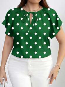 SHEIN Clasi Plus Size Contrast Color Polka Dot Print Short Sleeve Shirt - Dark Green - View 1