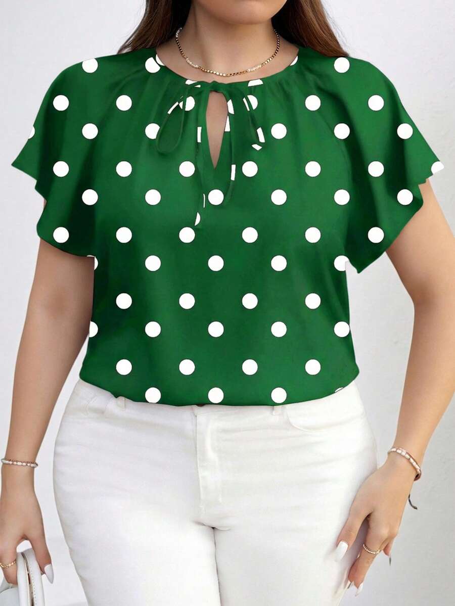 SHEIN Clasi Plus Size Contrast Color Polka Dot Print Short Sleeve Shirt - Dark Green - View 1