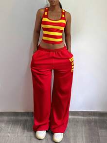 StreetHx 女士Y2K风格条纹两件套，春秋季街头风 - 紅色 - 查看 4