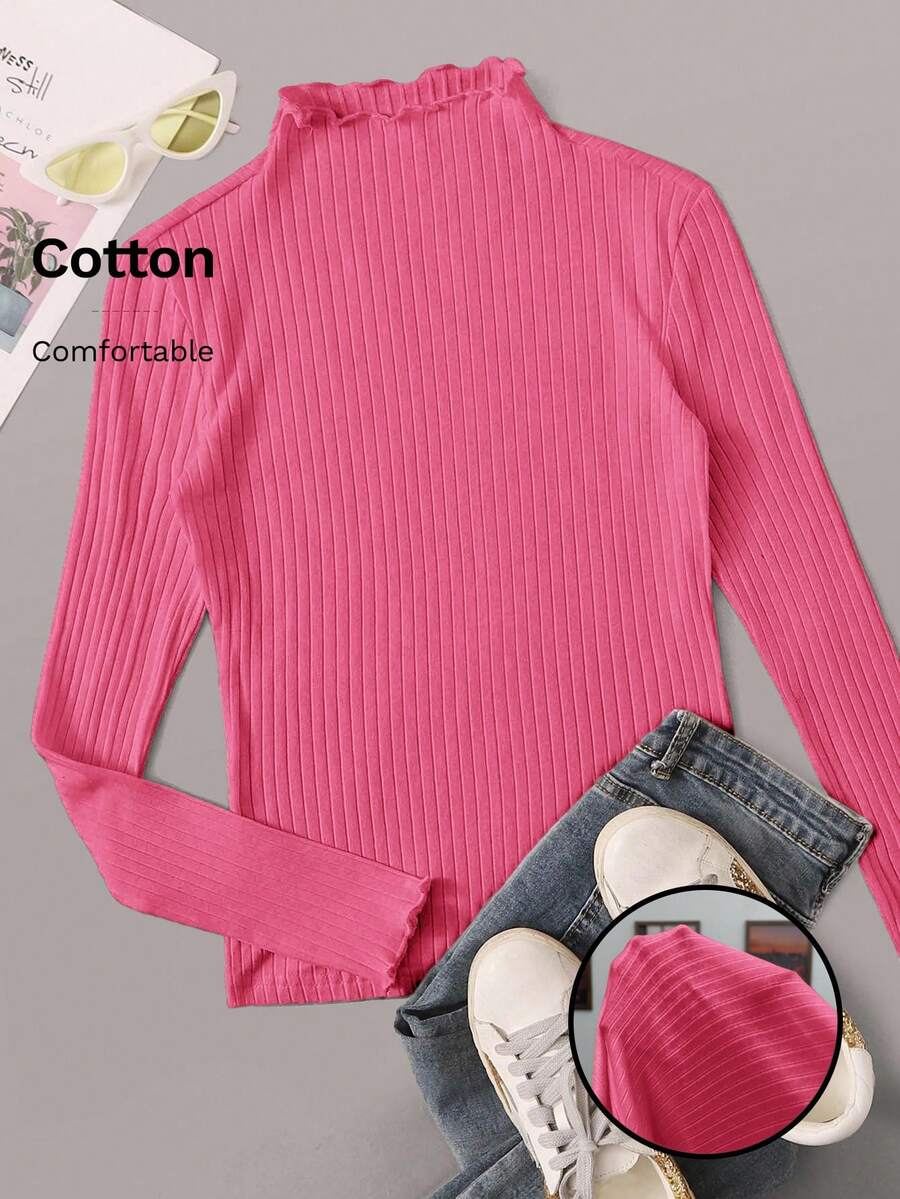 SHEIN EZwear Maglietta a maniche lunghe con collo alto a costine, taglia grande, colore rosso rosa - Fucsia - Visualizzare 1
