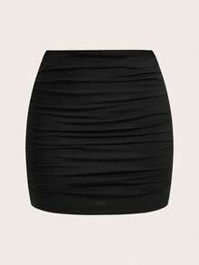 SHEIN MOD 2pcs Women Casual Minimalist Wine Red & Black Ruched Bodycon Mini Skirt Set, Suitable For Summer Suitable For Going Out Chic Dress - Multicolor - View 5