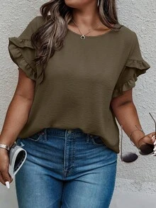 SHEIN Clasi 大码夏季休闲纯色荷叶边衬衫 - 棕色 - 查看 1