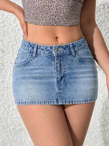 SHEIN PETITE 女士休闲口袋紧身短款牛仔迷你裙 - 中等水洗藍 - 查看 8