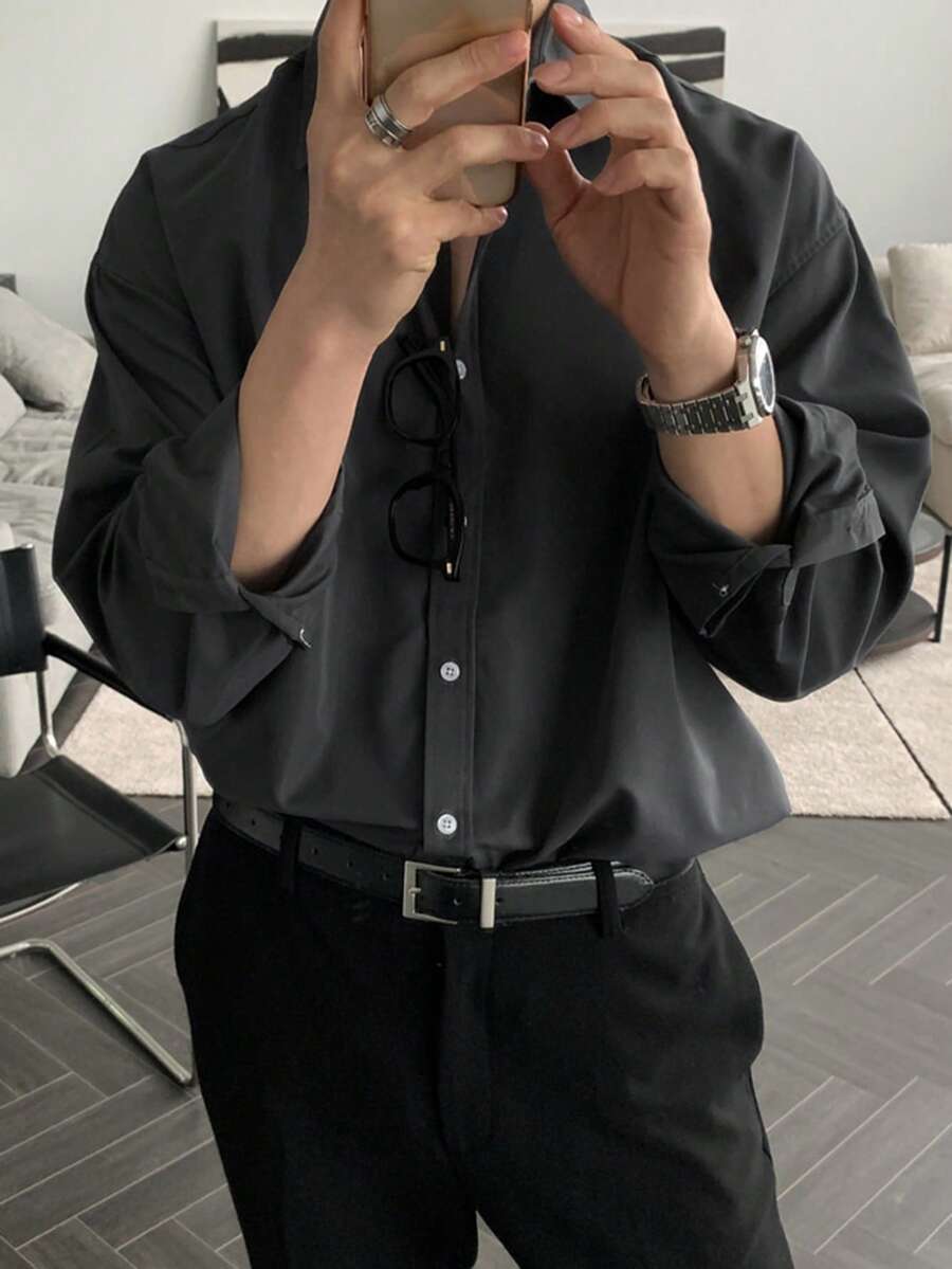DAZY 男士纯灰色长袖休闲衬衫，春季款 - 灰色 - 查看 1