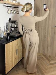 Bethéva 卡其色休闲罗纹长袖T恤和裤子套装 - 卡其色 - 查看 2