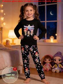 Young Girls Pajamas-2 Piece Pajama Set This Product Requires UV Light Exposure To Glow Round Neck Long Sleeve Top Matching Leggings Tight Fit Cartoon Character Gem Stars Night Party Sleepwear Festive Holiday 2026 Must Have Four Seasons Gift Snug Fit Pants Pajama Set Kids Pj Set Girl - Black - View 1