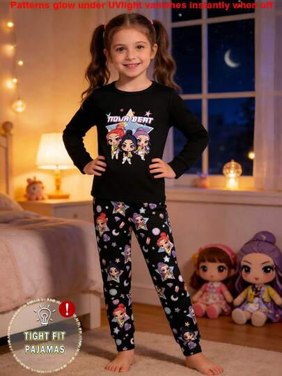 Pijama ajustado para niñas - Patrón que brilla en la oscuridad, parte superior de manga larga con cuello redondo a juego con leggings, con diseños de personajes de dibujos animados, gemas y estrellas, adecuado para fiestas nocturnas, vacaciones y festivales, regalo imprescindible para todo el año 2026