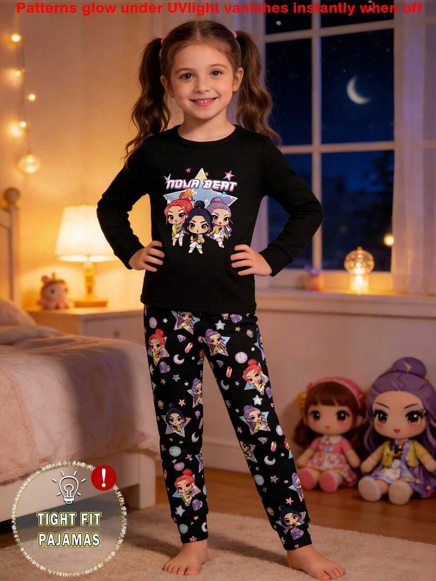 Young Girls Pajamas-2 Piece Pajama Set This Product Requires UV Light Exposure To Glow Round Neck Long Sleeve Top Matching Leggings Tight Fit Cartoon Character Gem Stars Night Party Sleepwear Festive Holiday 2026 Must Have Four Seasons Gift Snug Fit Pants Pajama Set Kids Pj Set Girl - Black - View 1