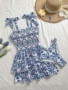 Elamini Women's 2-Piece Paisley & Floral Random Print Ruched Tankini Top & Hipster Bottom Swimsuit Set - Blue and White - View 1