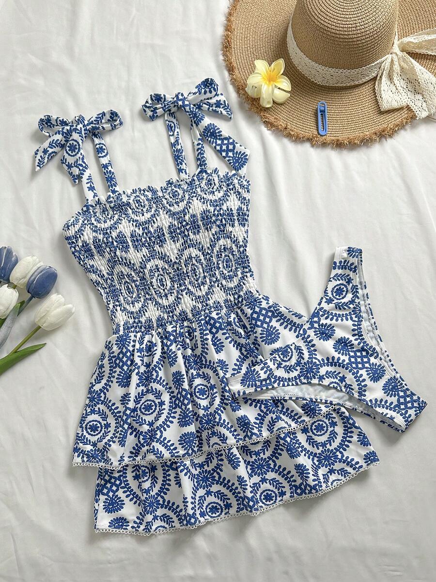 Elamini Women's 2-Piece Paisley & Floral Random Print Ruched Tankini Top & Hipster Bottom Swimsuit Set - Blue and White - View 1