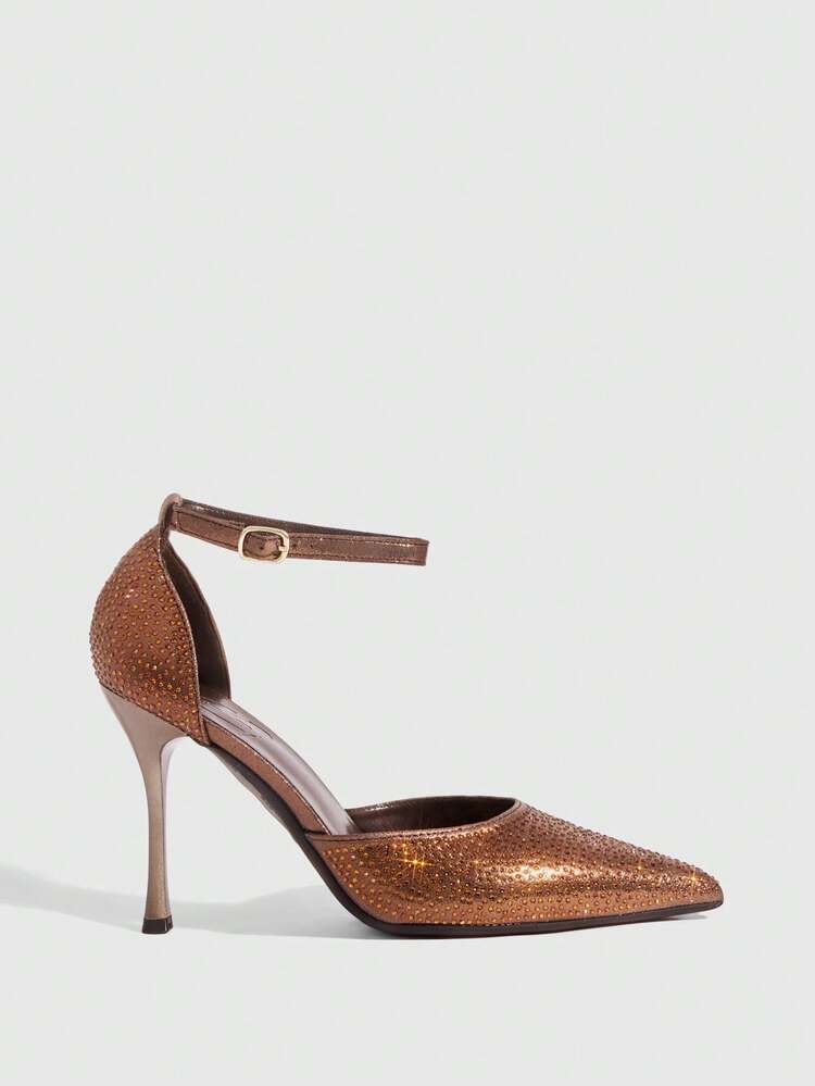 CUCCOO SZL Women Shoes Fashion Pointed Stiletto Brown Full Diamond Ankle Strap Hollow Women's Shoes Fashion Sexy Banquet Party Women's High Heel Shoes Women's Shoes Spring Shoes