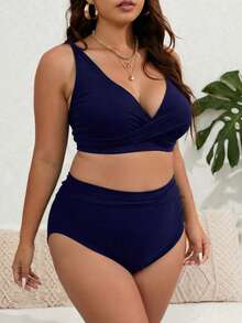 SHEIN Swim Curve Plus Size 2pcs Solid V-Neck Top And High Waist Shorts Women Summer Vacation Bikini Set Set - Navy Blue - View 4