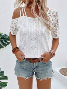 EMERY ROSE Women's Casual Lace Asymmetrical Shoulder Short Sleeve T-Shirt, Summer - White - View 5