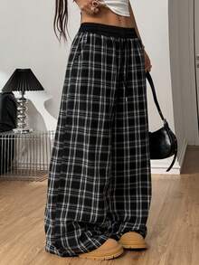 Coolane Women's Plus Size/Curve Summer/Spring Casual Street Style Drawstring Waist Plaid Wide Leg Loose Casual Pants,Size Inclusive,Mid-Size,Mid-Size,Social Media - Black and White - View 2