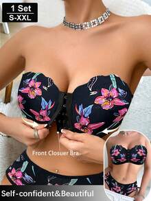 女士浪漫花卉印花交叉露背前扣文胸和内裤套装 - 彩色 - 查看 8