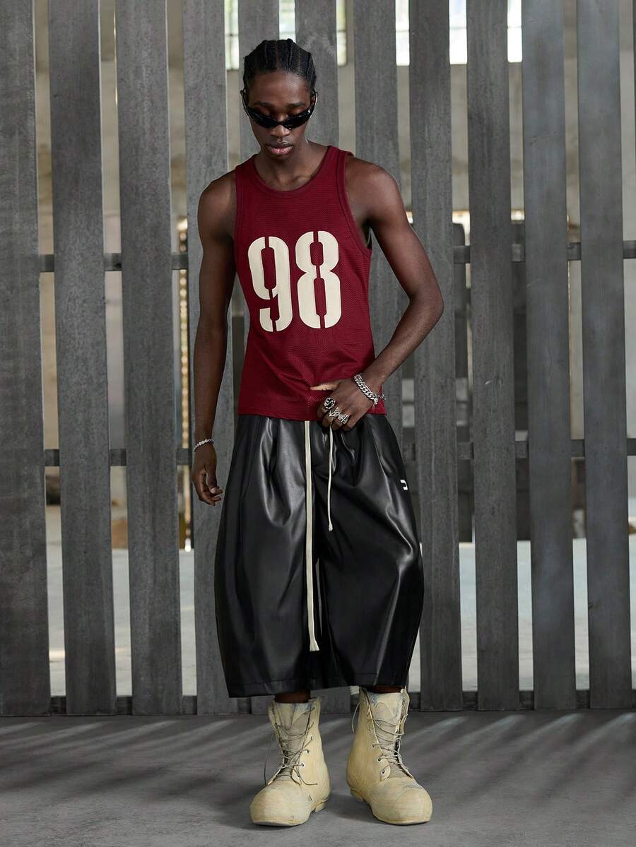 NEON BLANC Camiseta de tirantes casual de verano para hombre, talla estándar, de tela de malla roja, ajuste slim, con parche bordado - Burdeos - Ver 1