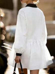 Balvessa Women's Black & White Patchwork Collar Bubble Sleeve Midi Dress - White - View 2