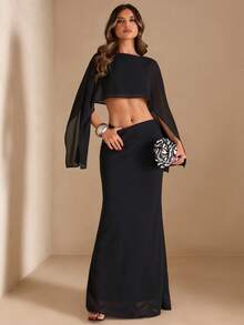 SHEIN BAE 女士黑色长袖披肩领露脐上衣和中腰半裙两件套，春夏款 - 黑色 - 查看 5