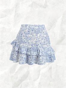 Olithes Falda de mujer casual de vacaciones de primavera/verano, estilo dulce de niña, diseño de volantes irregulares multicapa, plisada, con lazo en la cintura - Azul - Ver 2