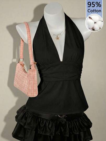 SHEIN ICON 95% Cotton Deep V-Neck Backless Camisole, Solid Black Color