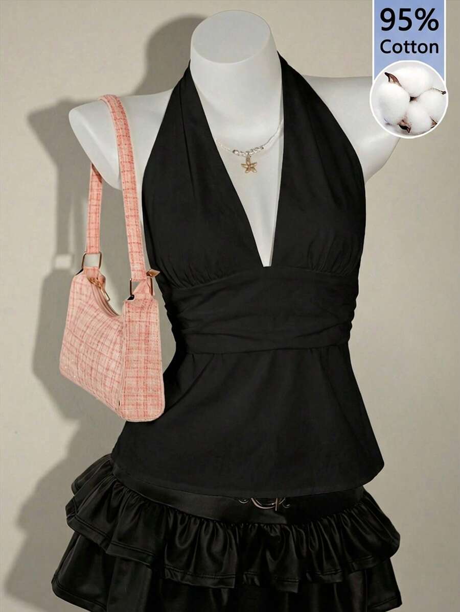 SHEIN ICON 95%纯棉深V领露背吊带背心,纯黑色 - 黑色 - 查看 1