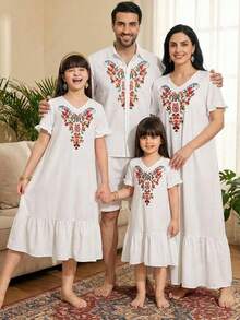 Girls' Casual Vintage Printed Pattern Minimalist V-Neck Ruffle Hem Dress, Loungewear - Apricot - View 6
