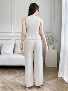 SHEIN 少女V领褶裥下摆吊带背心和休闲裤套装，灰色和杏色 - 杏色 - 查看 2