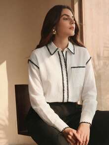 Anewsta 优雅宽松设计休闲随机花卉刺绣白色女式衬衫，女士休闲衬衫，白色上衣，适合春夏穿着，女士优雅衬衫 - 白色 - 查看 6
