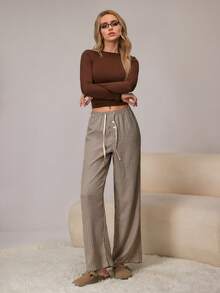 HautHeat Women's Drawstring Waist Plaid Button Design Straight Leg Lounge Pants - Khaki - View 6