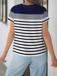SHEIN LUNE Casual Striped Colorblock Round Neck Loose Short Sleeve T-Shirt For Women, Suitable For Spring/Summer - Multicolor - View 2