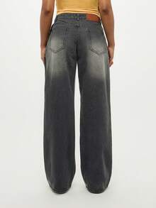 SUMWON Jeans de talla grande con cintura alta y pierna ancha, con bolsillos de camuflaje y lavado vintage - Negro - Ver 2