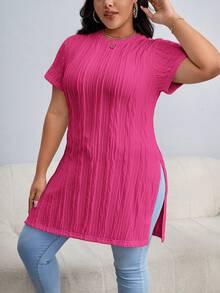 SHEIN Essnce 大码女式纯色圆领纹理拼接设计休闲百搭日常长袖T恤 - 玫紅色 - 查看 4