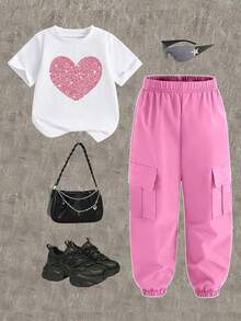 2pcs/Set Young Girl Casual Cute Girl Graphic Short Sleeve Round Neck T-Shirt And Cargo Pants, Girls Outfit, Spring/Summer/Autumn, 6 Sets Randomly Sent - Multicolor - View 5