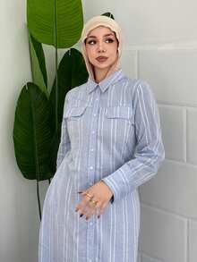 DAZY Cotton Spring Elegant Turndown Collar Striped Loose Mid-Length Dress For Women - Blue - View 5