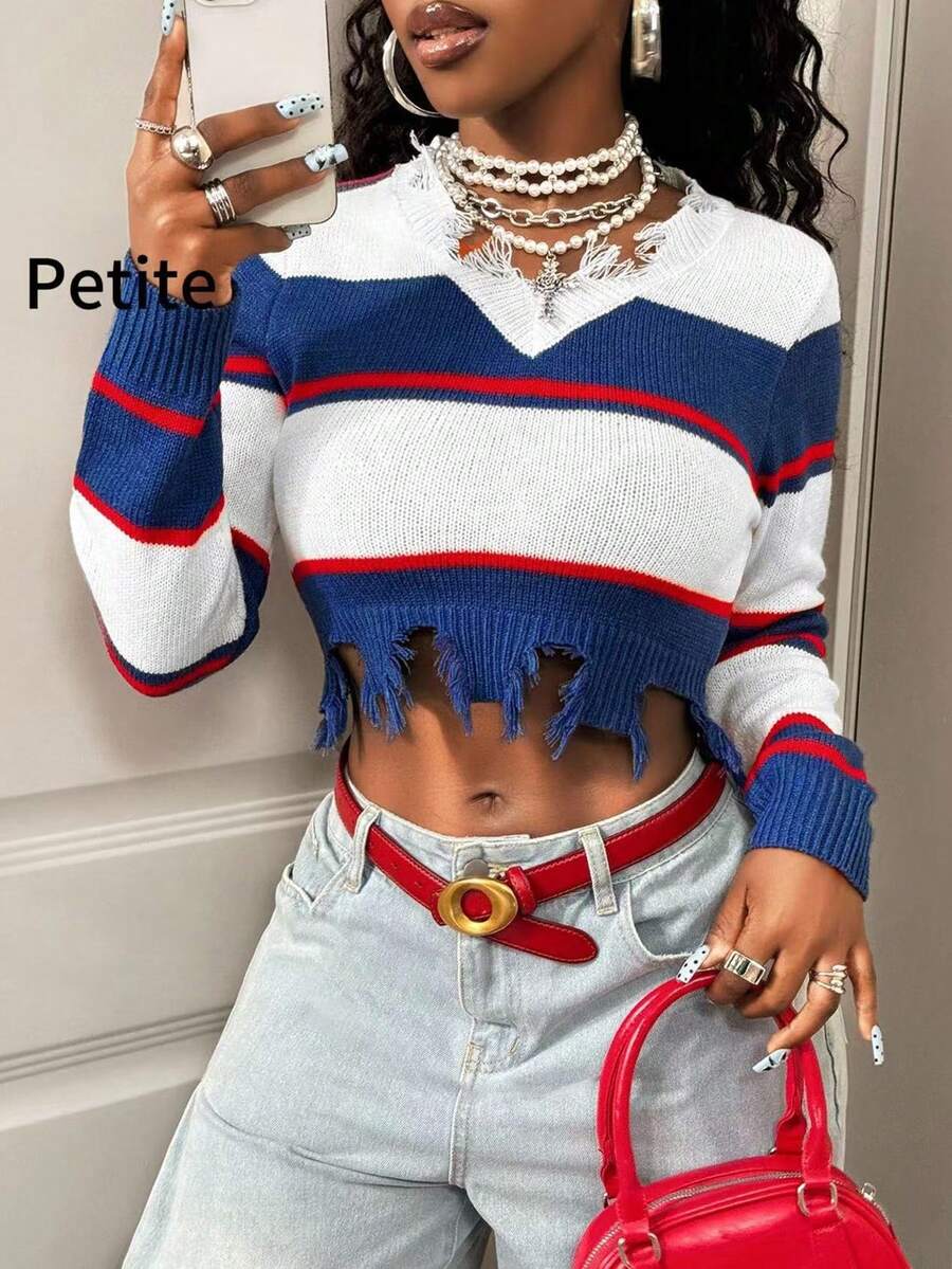 BamGleam Women's V-Neck Long Sleeve Blue White Stripe Ripped Distressed Fringe Pullover Knit Sweater,Autumn Streetwear Everyday Back To School Fashion Casual - Blue and White - View 1