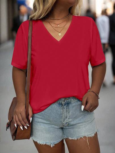 EMERY ROSE Plus Size Women's Simple Solid Color V-Neck Short Sleeve Casual T-Shirt For Women