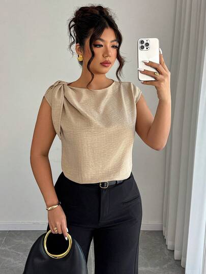 Elenzga Camisa sin mangas de lino y algodón en beige con lazos en los hombros: informal para vacaciones, elegante para usar en la calle, adecuada para la oficina - Blusa talla grande para primavera y verano