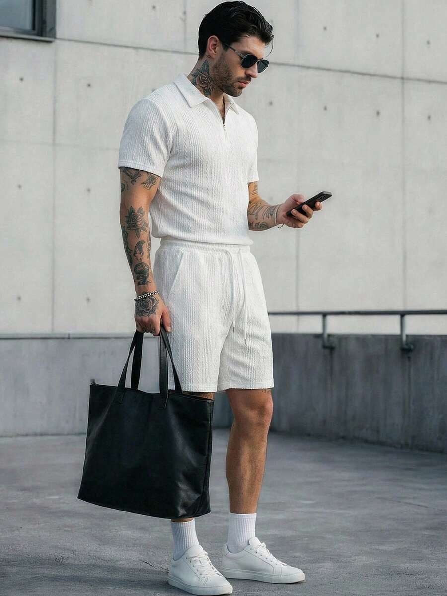 Mainfolk Men's White Short Sleeve Polo Collar Knitted Casual Co-Ords With Drawstring Track Shorts And Pockets
