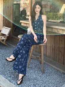 DAZY Women's All-Over Print Tie-Up Waist Loose Wide Leg Denim Jumpsuit - Blue - View 4