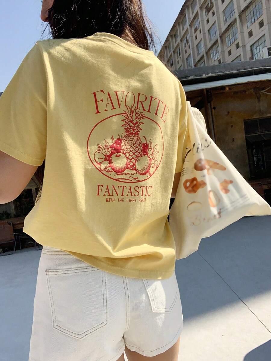 DAZY 女士字母水果印花休闲圆领短袖T恤 - 黃色 - 查看 1