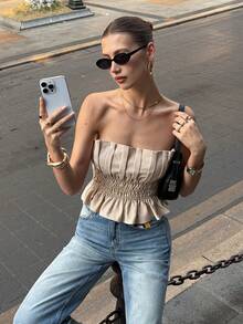 Siren Gaze Women Strapless Pleated Shirred Ruffle Hem Crop Top For Summer Vacation, Tube Top, Cinched Waist Top, Cropped Tube Top, Smocked Tube Top, Ruffle Hem Top, Bandeau Top, Casual Summer Wear Strapless Top Nude Top Summer Tube Top Cute Tube Top - Apricot - View 1