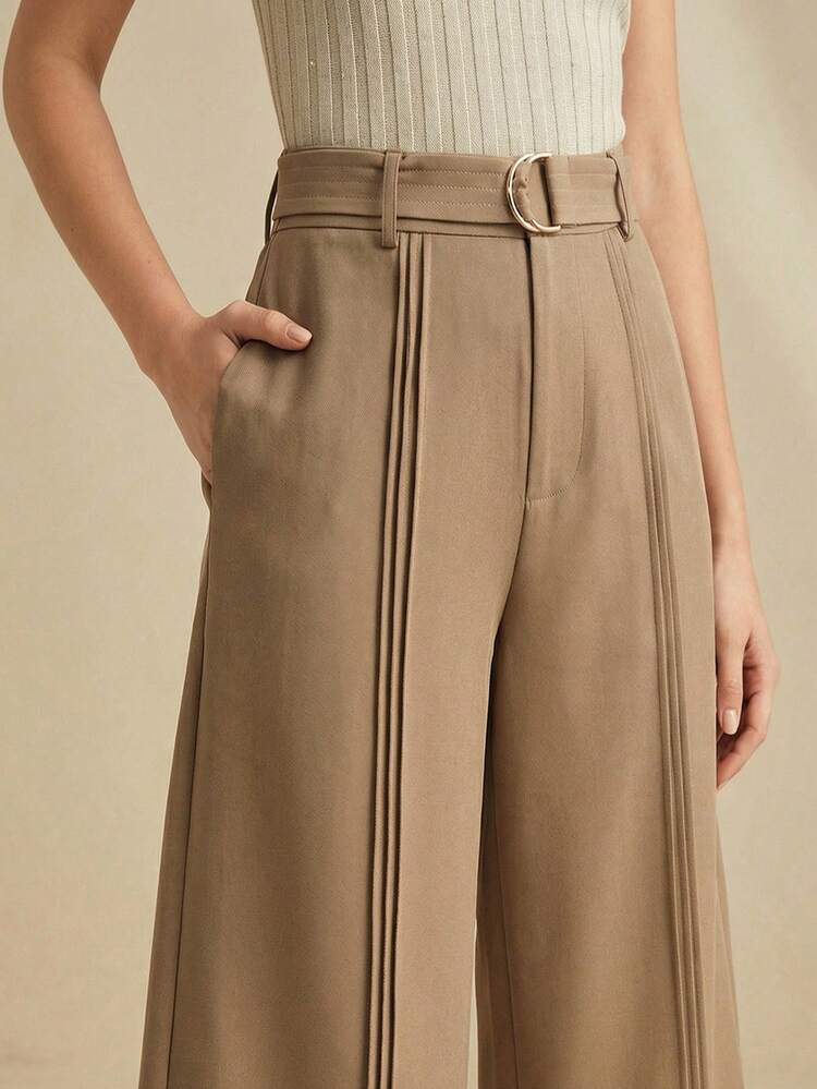Women's Elegant & Sophisticated Khaki Wide Leg Pants With Waist Belt & Pleated Leg Design