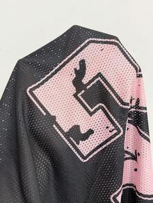 Coolane 女士春夏节日外出街头风复古透气网眼数字图案棒球衫红色球衣 - 黑色 - 查看 7